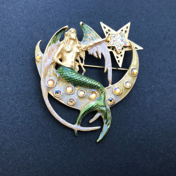 Vintage Signed Kirks Folly Gold Tone, Enamel and Crystal Mermaid on the Moon Brooch Pin