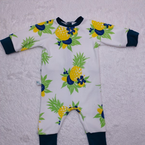 Pyjamas évolutif en jersey velours ananas et fleurs jaune, vert, bleu canard 0-6 mois, 3-12 mois, 12-24 mois, 2-3 ans