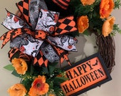 Orange and Black Halloween wreath, 14 inch oval Halloween wreath
