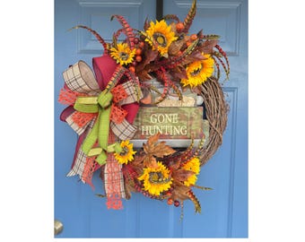 Gone Hunting Wreath |Rustic Fall Door Wreath with Sunflowers & Feathers | Hunting Season Decor for Front Door  Country Cabin Decor