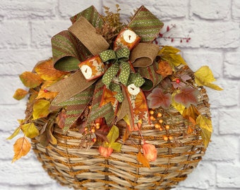 Wicker pumpkin wall hanger, Farmhouse Fall  pumpkin  decor, Rustic wreath, Front Door pumpkin decor