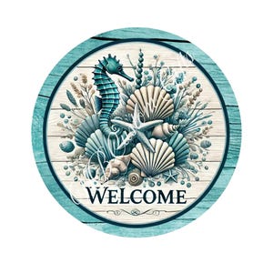 Coastal Welcome Sign Nautical Seahorse Wreath Attachment Beach House Decor | Summer Door Hanger  Ocean-Themed Sublimation Sign
