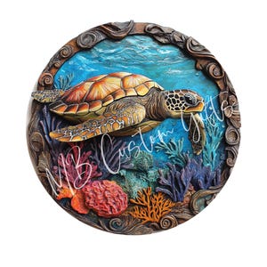 May include: A round wooden wall art piece featuring a 3D sculpted sea turtle swimming through a coral reef. The turtle is painted in shades of brown, orange, and yellow, while the coral is a vibrant mix of pink, orange, and purple.