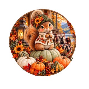 May include: A circular decorative print featuring a squirrel wearing a green knit hat with a sunflower and a white cardigan with leaf patterns. The squirrel sits on a large green pumpkin surrounded by orange and white pumpkins, autumn leaves, berries, and a lantern.