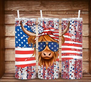 Highland Cow Tumbler: Patriotic American Flag 20oz Stainless Steel