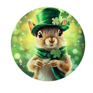 May include: A cute squirrel wearing a green hat with shamrocks and a green scarf with shamrocks. The squirrel is looking at the camera with a friendly expression.