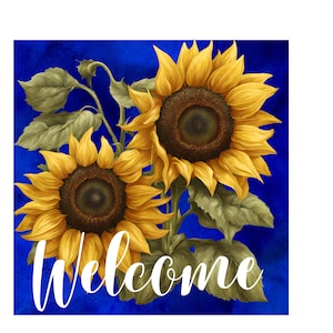 Sunflower Wreath Sign: Yellow Floral, Blue Background, Welcome Decor