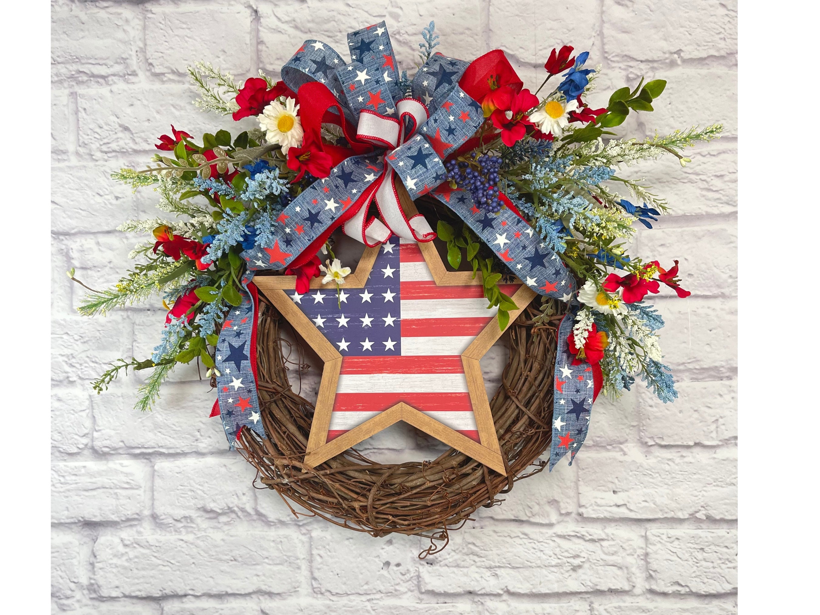Patriotic Front Door Wreath, Red White and Blue Star Wreath, - Etsy