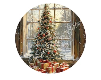 Christmas Tree Metal Sign, Vintage Christmas Decor, Holiday Wreath Sign , Winter Window Scene .Farmhouse Christmas Wall Art
