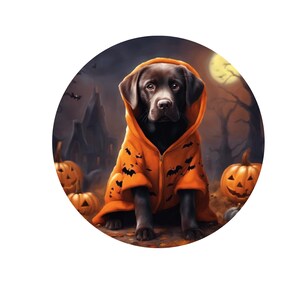 May include: A brown Labrador Retriever dog wearing an orange Halloween costume with bats printed on it. The dog is sitting in front of a spooky Halloween background with pumpkins and a full moon.