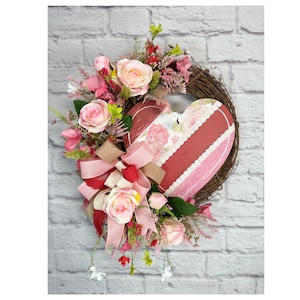 Pink Roses and heart wreath, Valentine  heart wreath, Spring  rose wreath, Floral front door