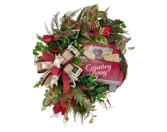 Farmhouse  wreath, Country  wreath, Red truck wreath, whimical wreath