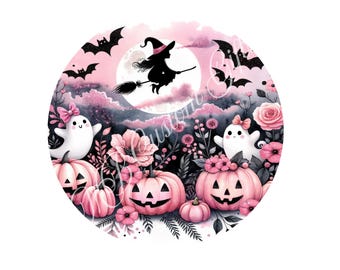 Pink Halloween Wreath Sign – Cute Ghosts, Pumpkins & Witch Sublimation Sign – Pastel Spooky Decor