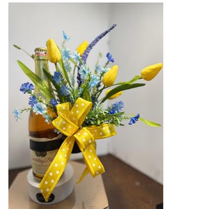 Spring Bottle Bouquet – Yellow & Blue Artificial Flowers, Decorative Bottle Floral Arrangement, Gift for Her, Home Décor Centerpiece