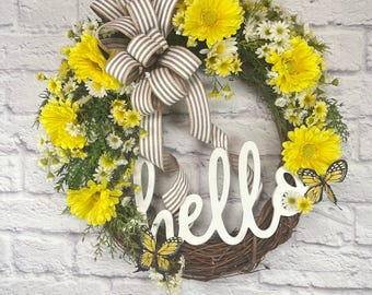 Daisy Sunflower Hello Wreath: Butterfly Front Door Decor