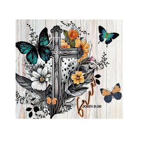 May include: A black and white cross with a teal butterfly, yellow and white flowers, and the text "Free" with the scripture reference "John 8:36" on a white wood background.