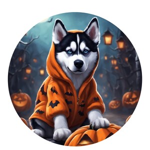 May include: A black and white husky puppy wearing an orange Halloween costume with bat wings and a hood. The puppy is sitting on a pumpkin with a spooky background of trees and jack-o-lanterns.