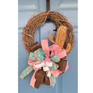 Western Cowgirl Grapevine Wreath Cactus Wreath with Boots Ribbon  Rustic Country Decor with Pink Flowers