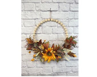 Handmade Sunflower Beaded Ring Wreath, Wood Bead Sunflower  for Front Door, Fall Floral Wreath, Spring Ring Wreath,