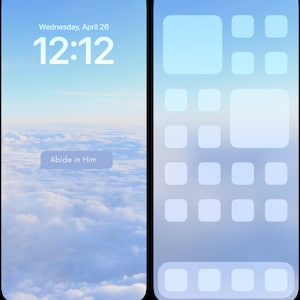 Op de afbeelding: Een screenshot van het vergrendelscherm en startscherm van een telefoon. Het vergrendelscherm toont een bewolkte lucht met de tijd 12:12 en de datum woensdag 26 april. Het startscherm toont een raster met app-pictogrammen.
