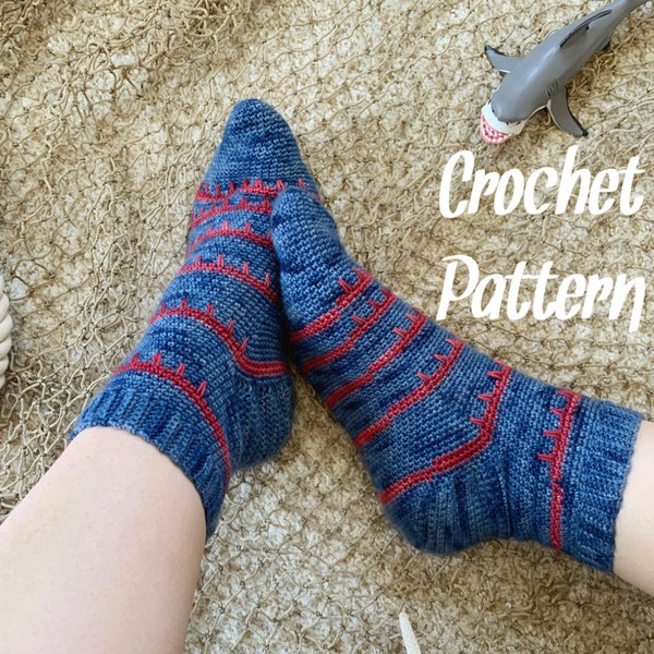 Toe Up Crochet Sock Pattern//Shark Bite Socks//Colorwork Crochet Sock//Adult Sock Pattern//Intermediate Sock Pattern