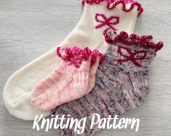 May include: Two pairs of knitted socks with pink bows and ruffled edges. The socks are in different colors and patterns. One pair is white with a pink bow, and the other pair is a multi-colored yarn with a pink bow. The text "Knitting Pattern" is visible at the bottom of the image.