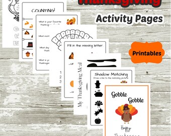 May include: A set of printable Thanksgiving activity pages for kids ages 3 and up. The pages feature counting, letter recognition, shadow matching, and a fun "Gobble Gobble" activity. The pages are designed with a Thanksgiving theme and feature turkeys, pumpkins, and other fall imagery.