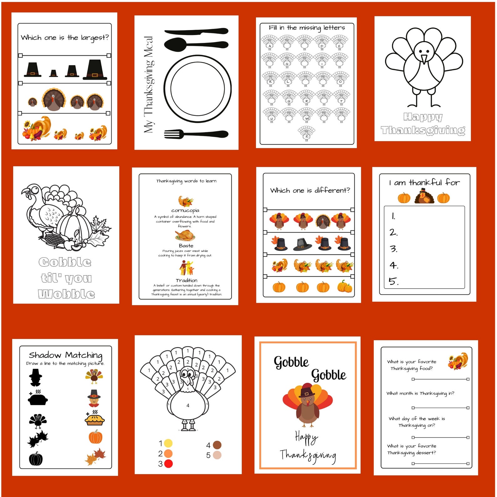Thanksgiving Activities Preschool Worksheets Kindergarten | Etsy