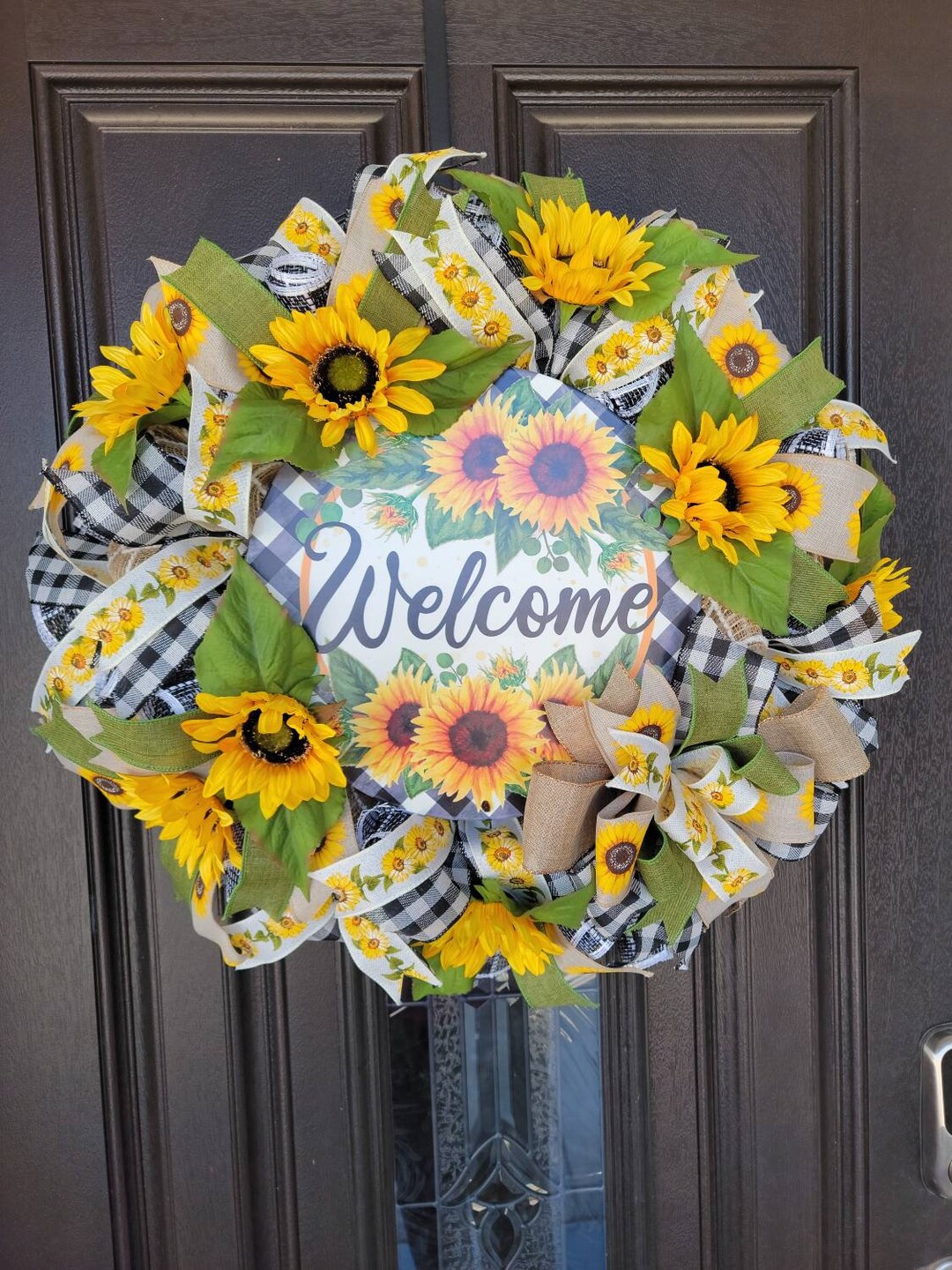 Sunflower Welcome Wreath | Buffalo Check Front Door Wreath | Summer ...