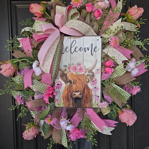 Cow Farmhouse Wreath, Everyday Wreath, Highland Cow Wreath, Country Welcome Wreath, Floral Wreath