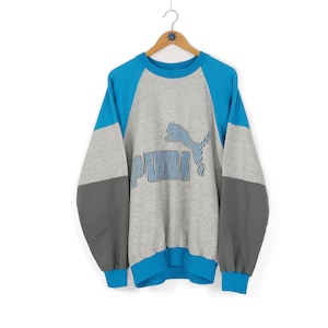 80s 90s Vintage men&#39;s PUMA big logo blue gray crewneck sweatshirt Size L retro athletic jumper