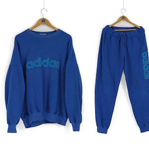 90s rare Vintage men&#39;s ADIDAS center logo blue cotton tracksuit Size D9 L XL retro sportswear