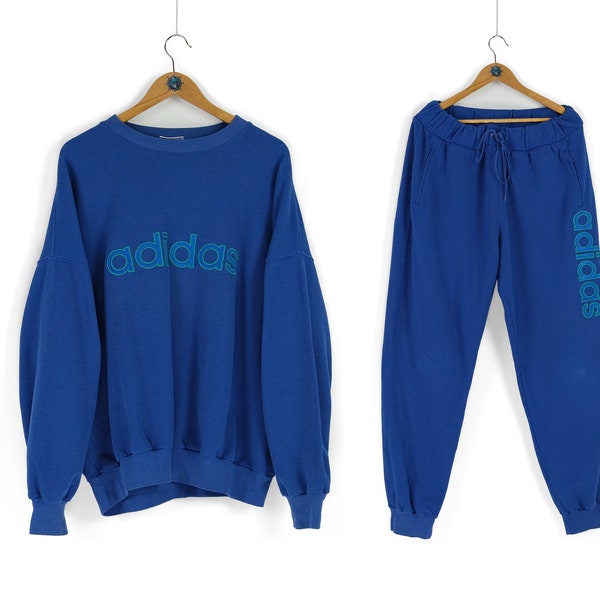 90s rare Vintage men's ADIDAS center logo blue cotton tracksuit Size D9 L XL retro sportswear