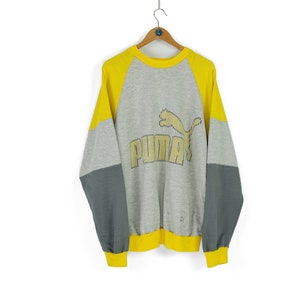 80s 90s Vintage men&#39;s PUMA big logo yellow gray crewneck sweatshirt Size L XL retro athletic jumper