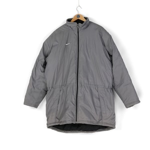 90s Vintage men&#39;s NIKE Team small swoosh long coat jacket Size L retro oversized light puffer 90s streetwear