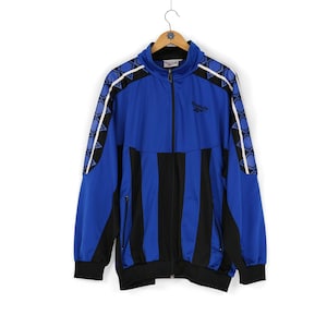 90s Vintage men&#39;s REEBOK side tape logo black blue track jacket Size XL retro athletic streetwear retro sport style