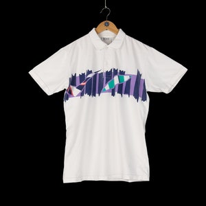 Jaren '80 zeldzame heren Vintage HUGO BOSS Sport geometrische abstracte print witte polo Maat M L retro golf tennis sportkleding