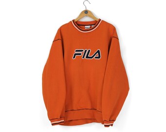 Vintage men's FILA big logo orange crewneck sweatshirt Size XL 90s oversize athletic sweater basic sport jumper retro sportwear