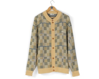 80s 90s rare Vintage men's LACOSTE Chemise chess patterns wool button cardigan Size 5 L button knitted sweater made in Spain
