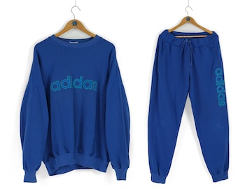 90s rare Vintage men's ADIDAS center logo blue cotton tracksuit Size D9 L XL retro sportswear