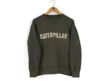 Vintage męska CATERPILLAR duże logo wyblakła szara bluza khaki z okrągłym dekoltem rozmiar M 90. sweter odzież robocza w trudnej sytuacji