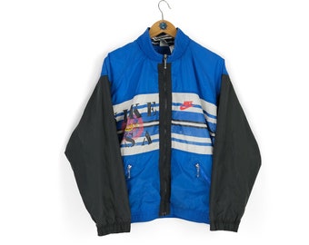 Rzadka męska kurtka dresowa NIKE USA z lat 90., niebieska, ciemnoszara, odzież sportowa w stylu retro, rozmiar S. Just Do It