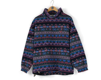 90s rare Vintage women's FILA abstract pattern fleece turtleneck sweater Size 12 L oversized fleece pullover made in Italy