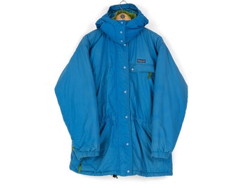 90s Vintage women&#39;s oversize PATAGONIA Puffer Parka Jacket Size 14 blue rare athletic style long style retro streetwear