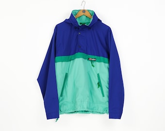 80s 90s rare Vintage men&#39;s BERGHAUS purple green multicolor anorak jacket Size M L unisex oversized athletic windbreaker made Great Britain