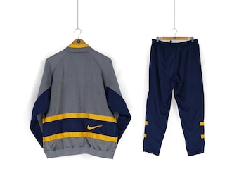 90er Jahre Vintage Herren NIKE Back Swoosh grau blauer Trainingsanzug Größe L Retro-Sportkleidung