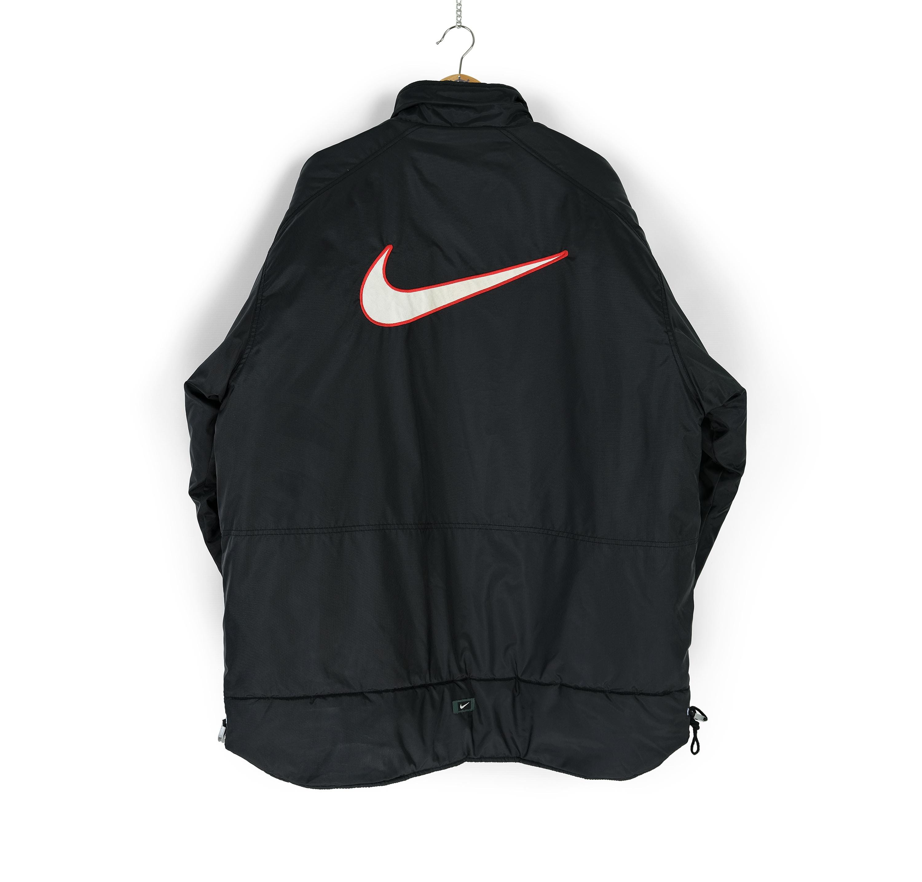 90s Vintage men's NIKE back swoosh black coat jacket Size L XL retro oversized light puffer 90s streetwear