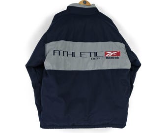 Vintage men's REEBOK Athletic Dept back logo navy blue down puffer jacket Size L XL 00s sportswear