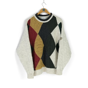 Vintage men&#39;s CARLO COLUCCI diamond pattern knitted wool pullover sweater Size 50 M 90s Coogi knitwear