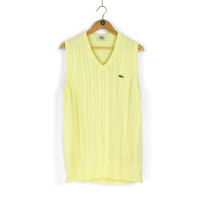 Colete arcylic amarelo vintage LACOSTE Izod com decote em V masculino tamanho L roupa de tênis retrô feita nos EUA